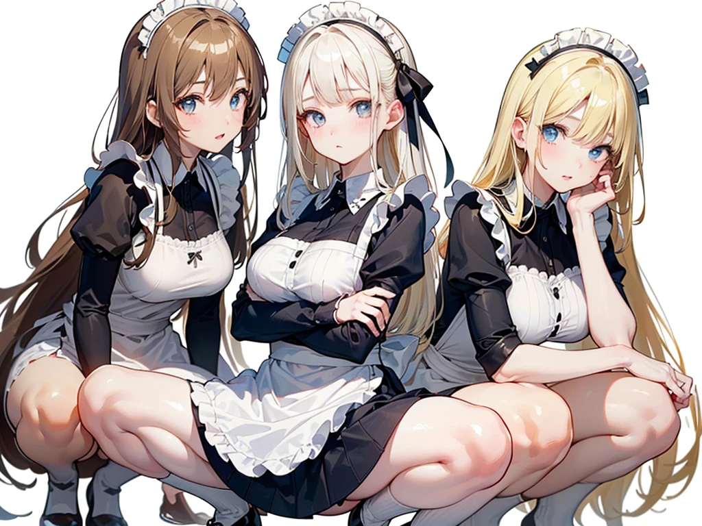(((((3 girls:1.3、Maid clothes:1.3、squatting:1.3、 spread legs:1.3、super long hair)))))、(((forehead、huge breasts:1.3、3 girls:1.3、white blond hair:1.3、cowboy shot:1.3、A calm face、long hair、Northern Europe、White、beautiful girl、White Blonde、Blonde、White background、cute、Young、True Face、Shiny Hair、whole body)))、, highest quality, figure, super detailed, finely, High resolution, 8k wallpaper, Perfect dynamic composition, detailed and beautiful eyes, Deco out,bionde, breasts, Natural color lip,white background, random cute poses,