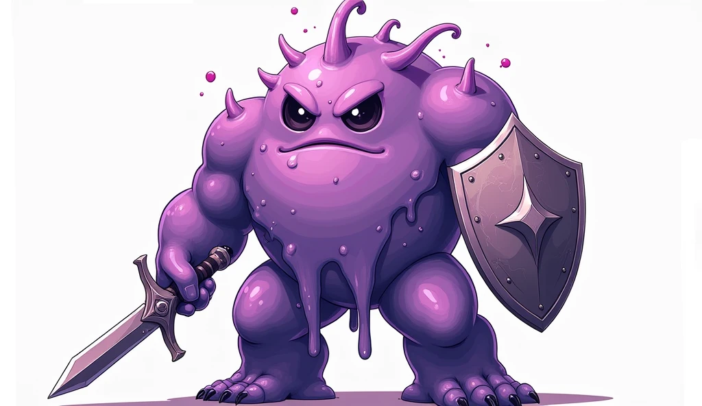 ((Highest quality)), ((masterpiece)), (detailed),A gel-like, disintegrating creature、Purple、Holding a metal hero's shield in one hand and a metal hero's sword in the other、Her face is cute、One person、Gender: Male、Anime Style、Hand-drawn drawing、Facing forward、mad look