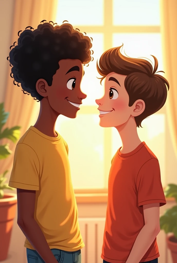 Cartoon,anime, brown skin, afro black hair, brown, 14 yr old, looking at american boy, smooth hair, handsome, both smiling, 15 yr old