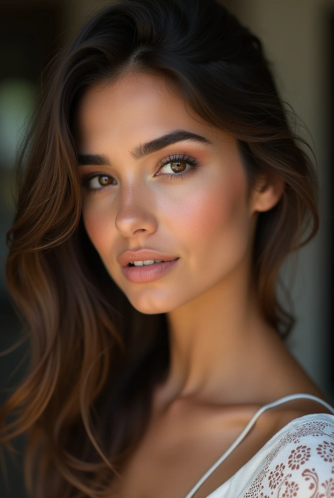 Generate an ultra-realistic image of a beautiful young woman aged between 22-25 with Arabic features, focusing only on her face. She should have natural skin texture, expressive dark eyes, and detailed facial features. Her hair should look naturally styled, and makeup should be minimal to enhance her real-life appearance. The lighting should mimic natural daylight to add depth and authenticity, making her look like a real person captured in a high-quality photo.