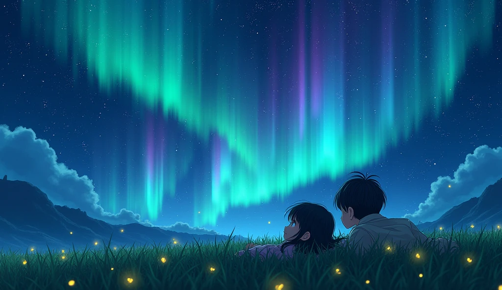 Best japan Shooting stars, the sky has northern lights, children lie on the grass looking at the stars, there are fireflies.