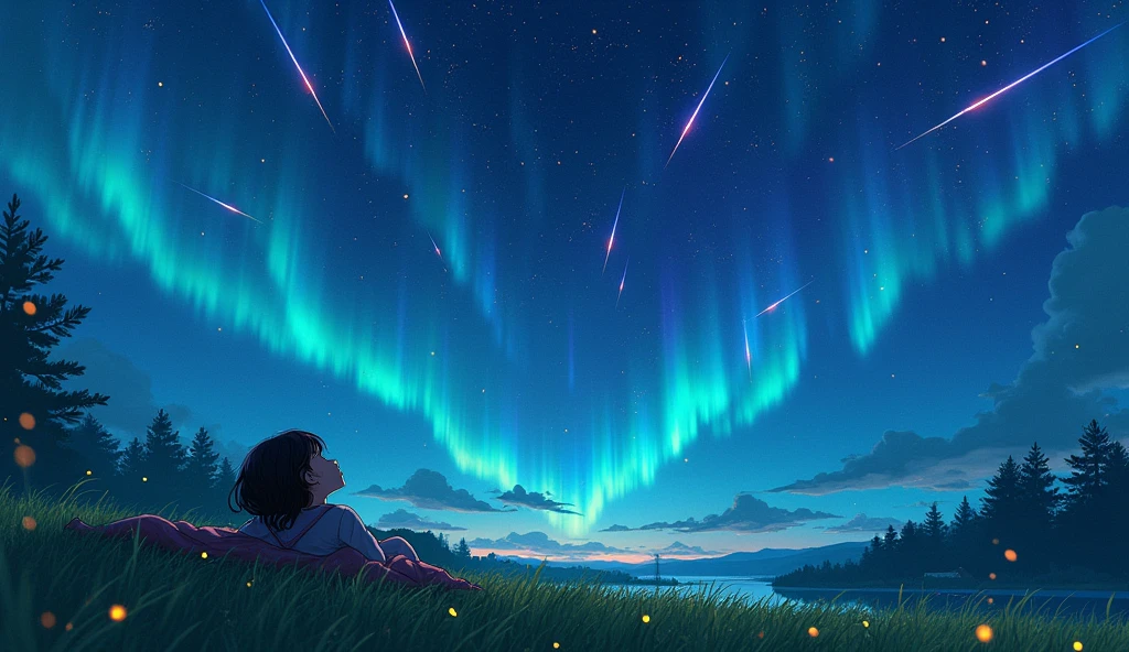 Best japan Shooting stars, the sky has northern lights, children lie on the grass looking at the stars, there are fireflies.