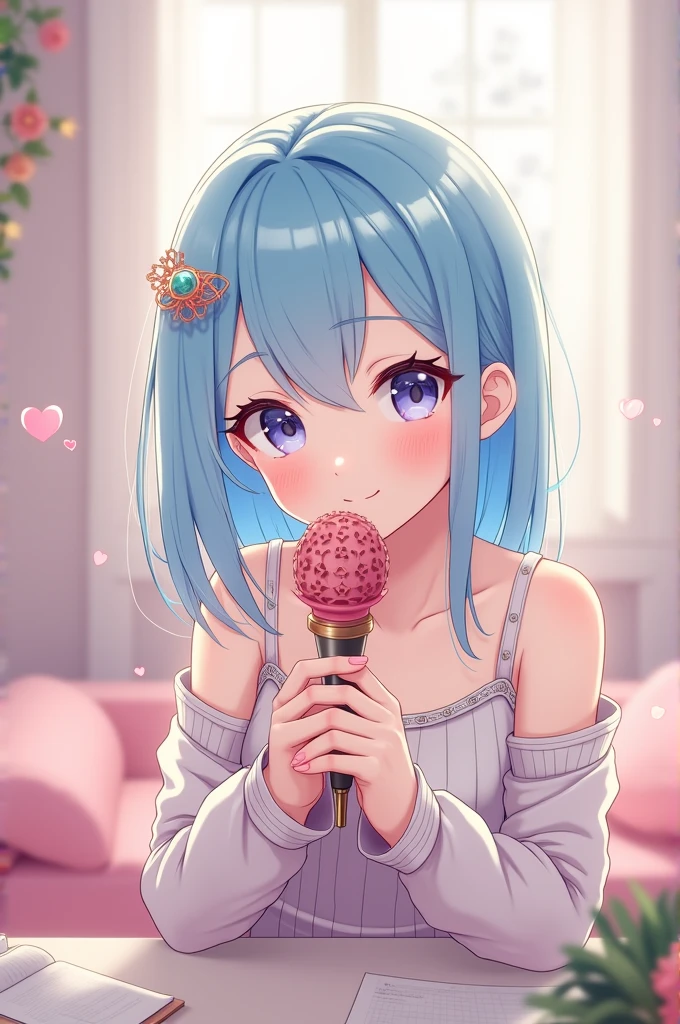 Cute anime girl smiling with pastel blue hair holding a 3dio microphone that looks like an ear doing asmr