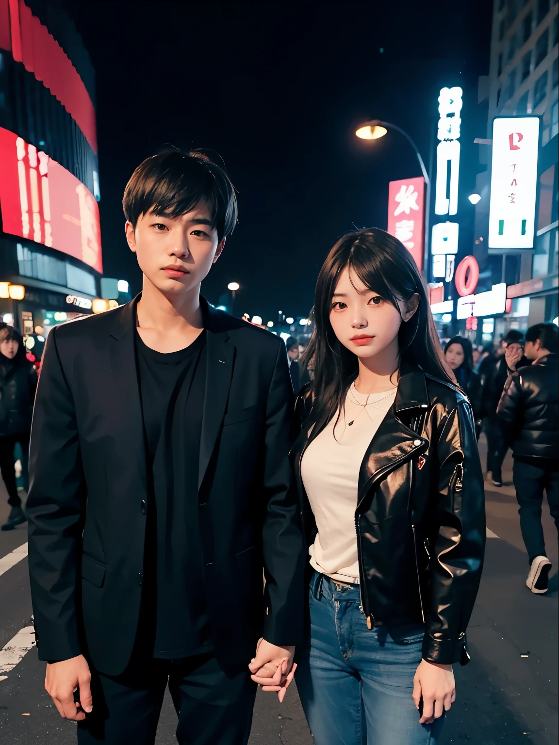 Crowds at night。Standing side by side。A girl in a black jacket and denim and a man in a suit。