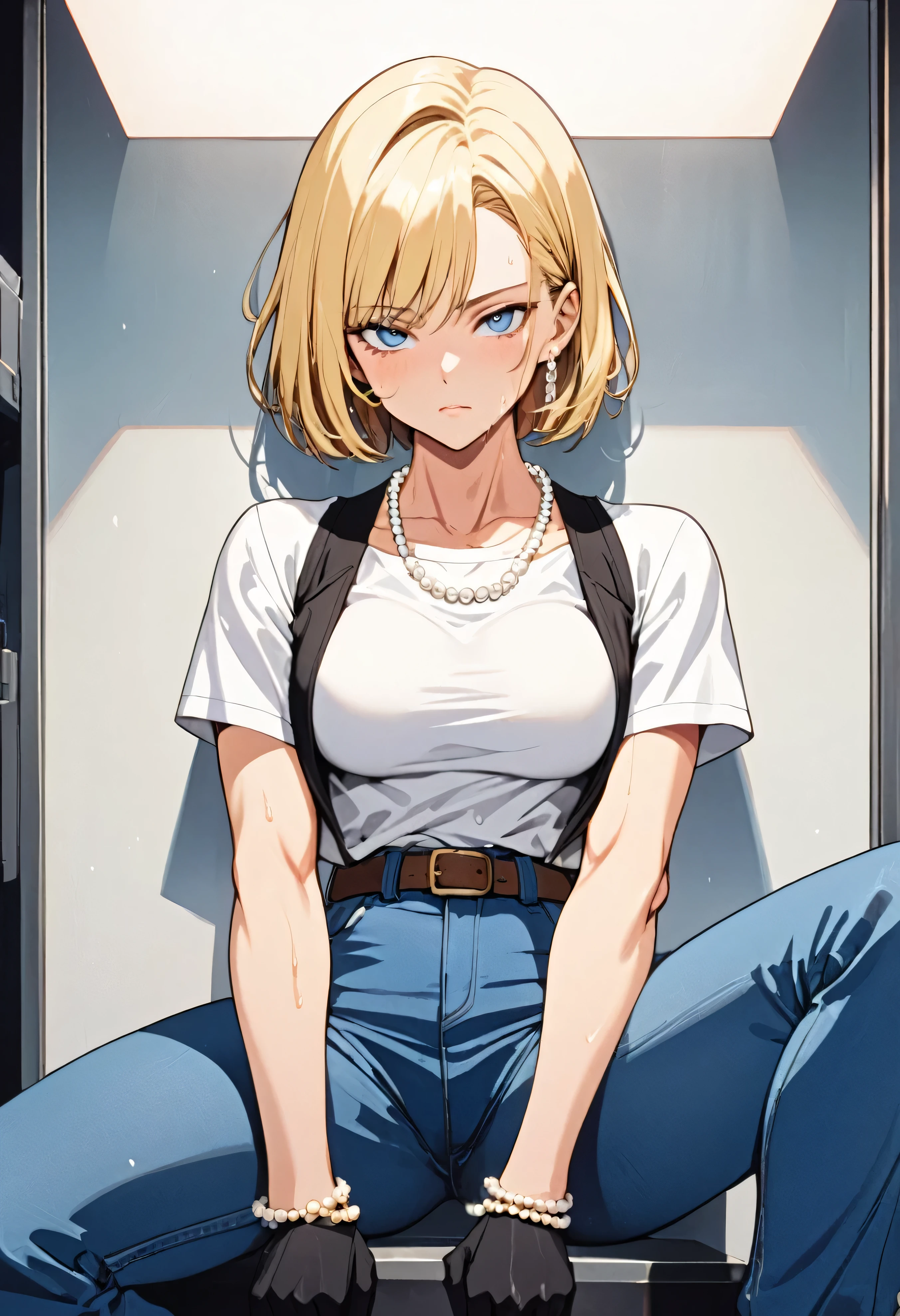 masterpiece, Highest quality, High resolution, (Artificial Human Room No. 18),1990s \(style\),(E-cup beautiful breasts)、height: 170cm,Sweating all over the body、vapour、muscular、(sexly)、(nsfw),M-shaped legs,Sweaty、Composition from the front、solo,Anime-style painting style, blonde hair, Blue eyes, belt, jeans, pearl_necklace, bracelet, black gloves, white shirt, short hair, short sleeves, earrings, blue pants, open vest, black vest,middle breasts,expressionless、Composition focusing on the upper body,(Cool face)、Pointed eyes