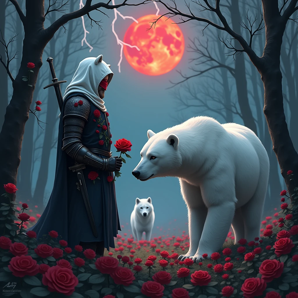 Male knight with a white hood with bear ears with sword behind his back sits towards a polar bear in a forest while the moon shines, many Roses cover the ground and lightning falls from the sky. The polar bear has black eyes and a calm appearance. Only the man wears a red blindfold. In the background of the picture is the blood moon. The forest is full of trees with leaves. The armor of the man is black with red roses on it. The knight smells on a rose. In.the far there is a white wolf looking at the bear and knight.