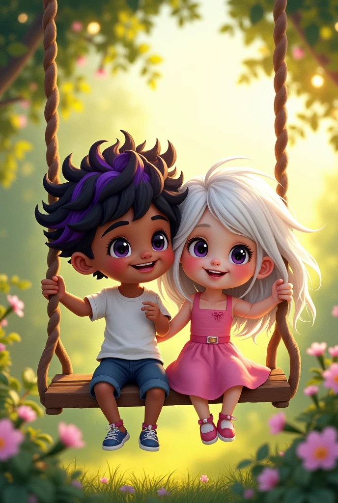 Two children, a  black girl with white hair and a  white boy with purple and black hair, sitting on a swing on a cheerful summer day. 