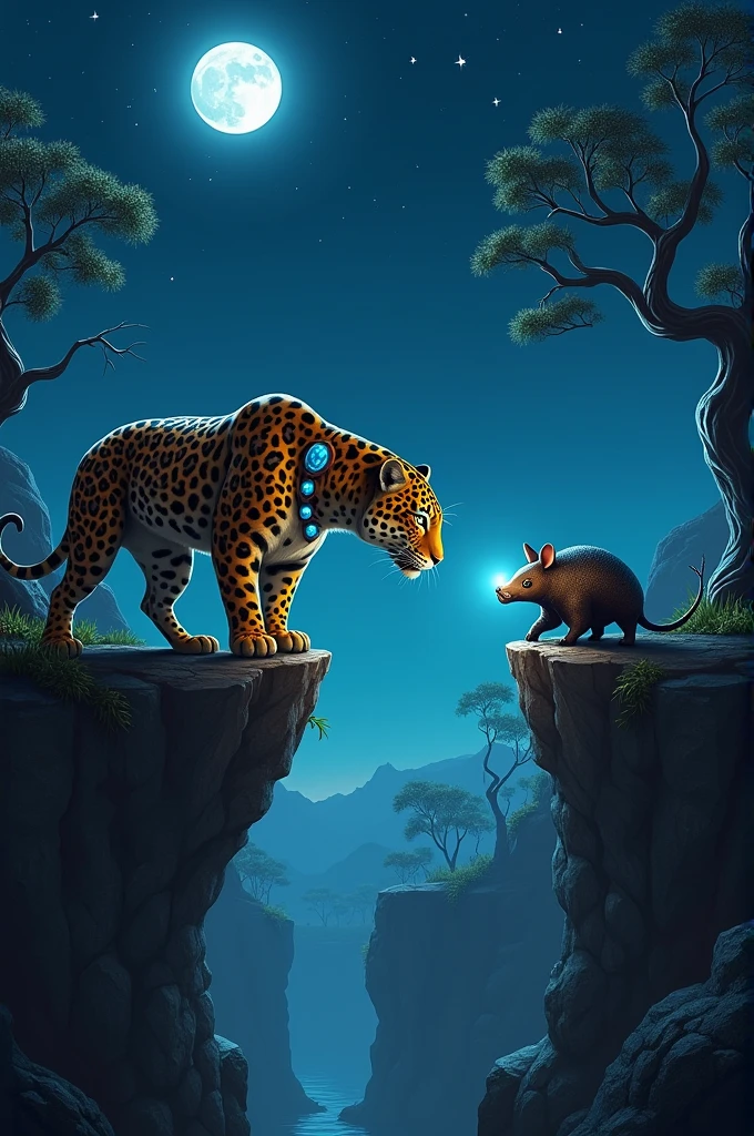 Create a night scene on a cliff where there is a jaguar which has a collar with a bright blue stone and a small brown armadillo fighting over the collar that the jaguar has., uses a semi-realistic style, imaginative