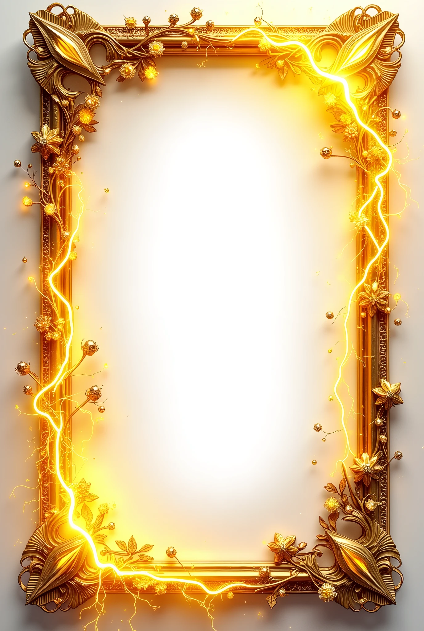 Yellow Lightning themed frame with gems aesthetic and decorative and no background at all fully transparent background