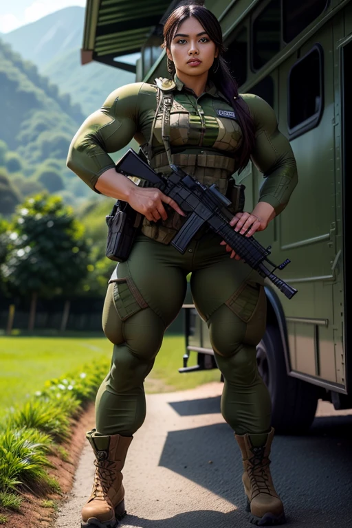 Photorealistic, high resolution, 1 malay woman wearing a green beret, Solo, Hips up, Battlefield background，view the viewer, (Detailed face), braided hair, wearing a green beret and a special team logo, SWAT vests, airborne logo on the chest, sniper rifle handle, camouflage combat suit, Camoflage military uniform, SWAT Boots, bulletproof vest, Holding an assault rifle, M16, Inside the jungle of North Borneo, Very detailed, Perfect face, Black eye, jewelry, (full body view), Lifelike, masterpiece, HDR, 4K