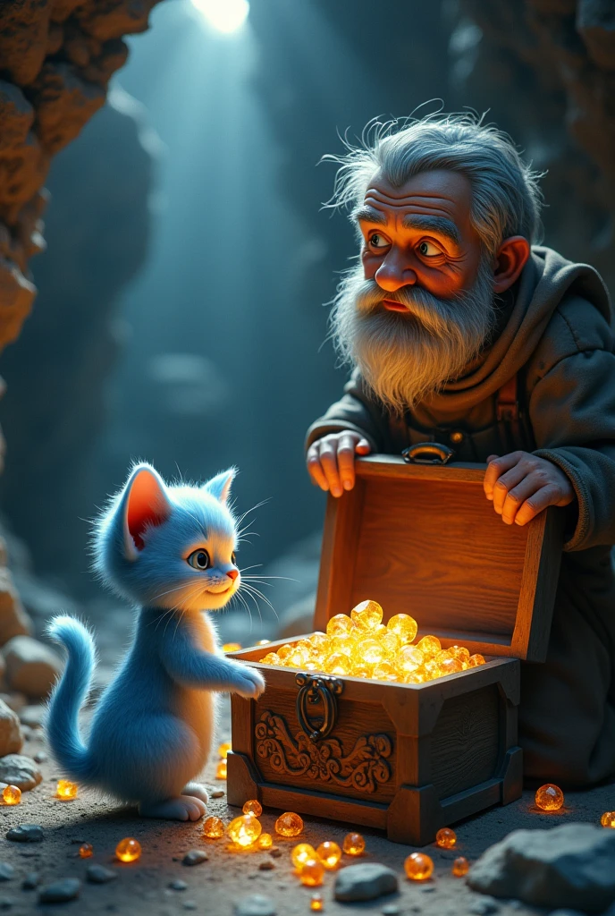 A cute little kitten with blue color going to a cave with a poor old man with small French beard in brown clothes in they found a big brown box full of gems they are happy ai image