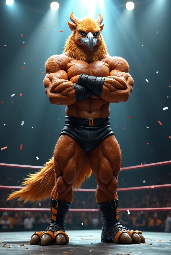 (uhd, masterpiece, anatomically correct, textured skin, super detail, high details, best quality, highres, 8k), Like the picture, Griffin's Head, Eagle Wings, Professional wrestler, (((Shows the whole body:1.3))), (Macho), Muscular, Realistic gloss, Body glistening wet with sweat, Arms as thick as logs, Arms crossed, Wrestler pants, Ring boots in the shape of a lion's paw, Pro wrestling, Spotlight, highlight, Confetti