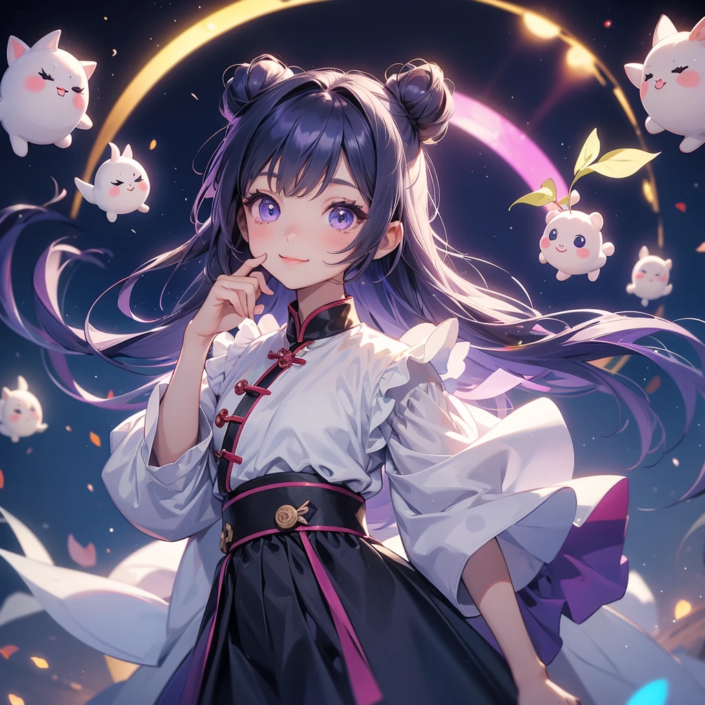 A chibi child girl had a small face and Wearing white little Taoist priest's outfit. A pair of big round eyes shone with curiosity about him. This child was so cute, Background is a dark moonless night, with dry trees in the background, and purple glowing light

her hair is black with two buns on her hair.small chibi, chibi baby, smiling ,Chibi.

