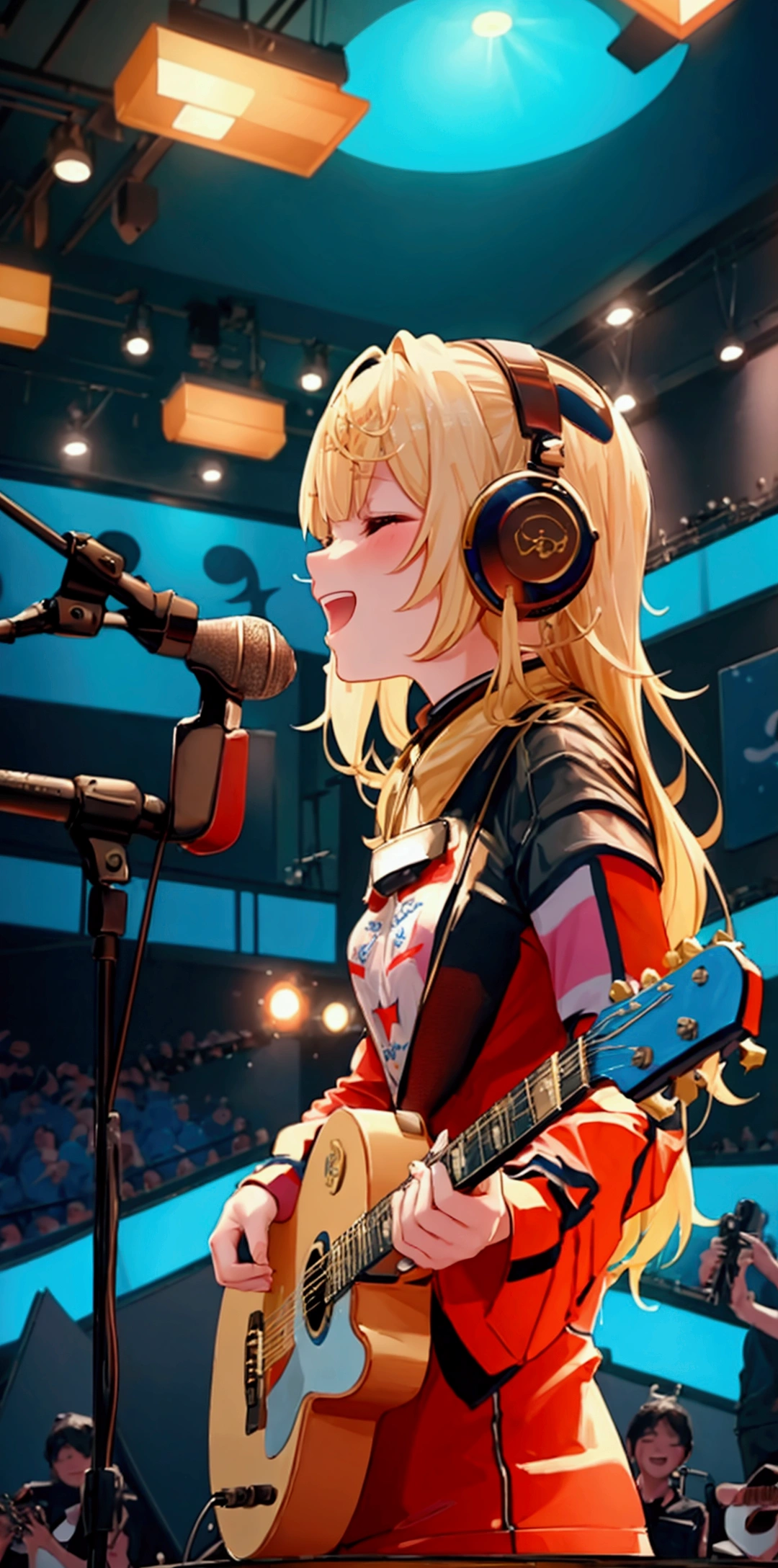 Electric guitar, headphones, countless cables, colorful cables, cables plugged into the body, only stuck in cables, wrapped around cables, background is a bunch of cables, rabbits, pigtails, small breasts, lower breasts, huge thighs, thick eyebrows, thin waist, beautiful blonde, braids, (masterpiece), ((highest quality)), (super detailed), girl, (beautiful eyes)), Beautiful detailed eyes, clean and detailed face, five fingers, textile shading, perfect anatomy,