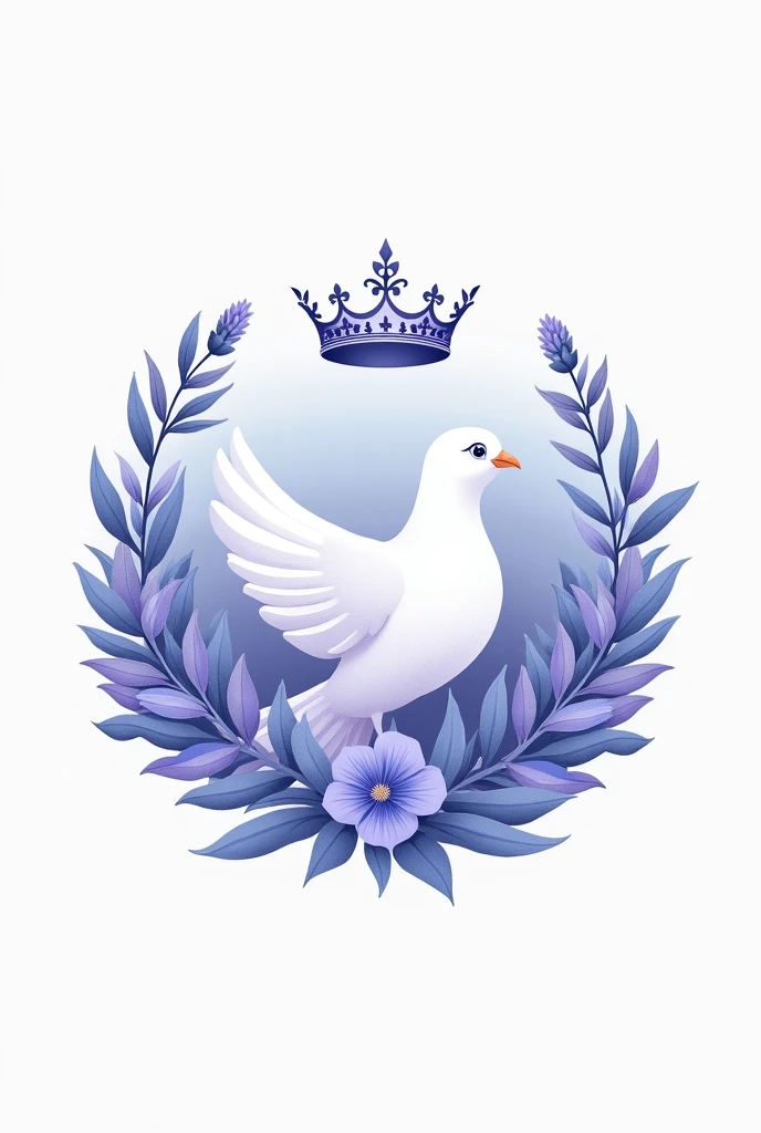 Make me a logo design that includes a dove, a crown, lavender flowers around that have blue tones 