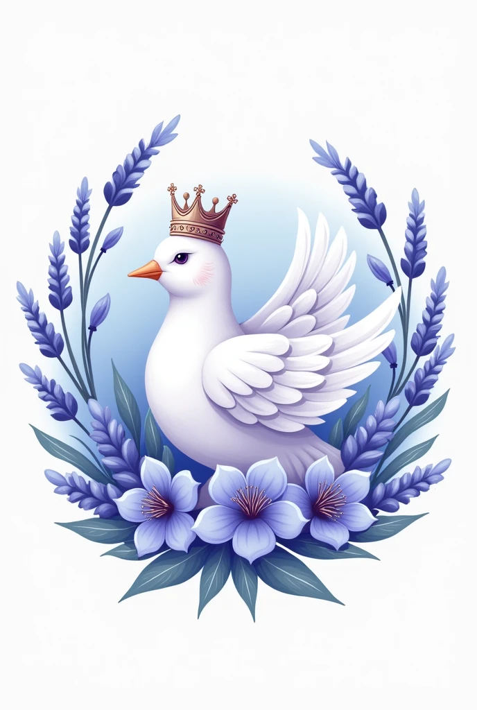 Make me a logo design that includes a dove, a crown, lavender flowers around that have blue tones