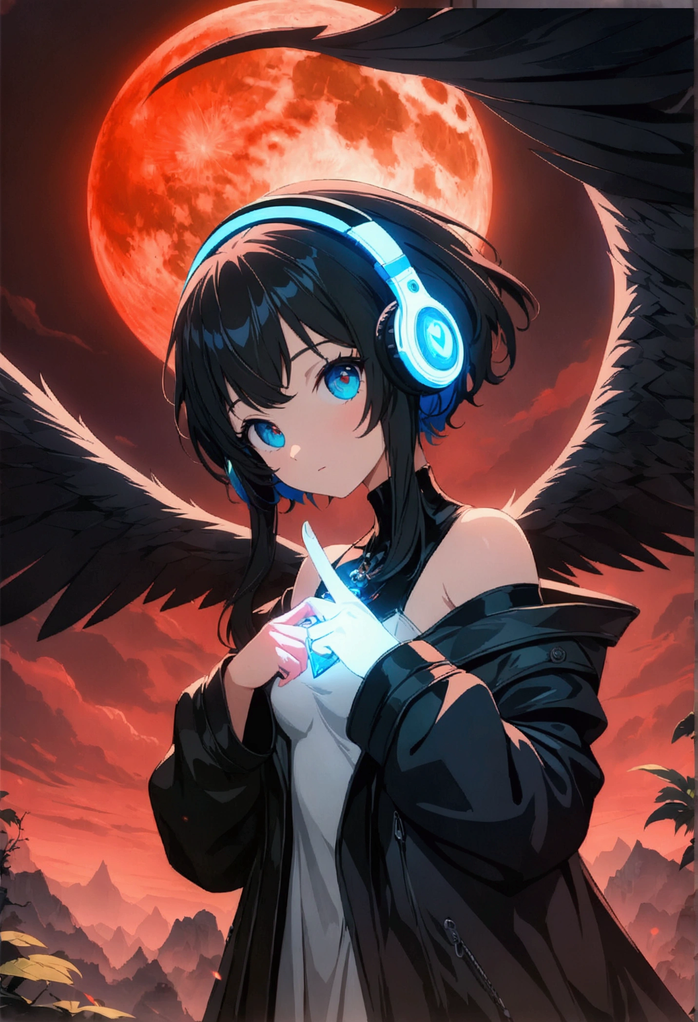 4k anime wallpaper, 4k anime wallpaper, Anime Art Wallpapers 8K, 4K Anime Style, anime art wallpaper 4k, anime art wallpaper 4k, 4k anime wallpaper, Eugeo Art, Detailed digital anime art, ((masterpiece, Highest quality)), (Complex Light), Perfect hands, Normal finger, Hyper Detail, Bright colors.Fantasy cartoon style devil girl, Silver Hair, short, Headphones, Half wearing a black long coat, Off the shoulder, Black wings, Lock, Red Moon, Paintings from another world.