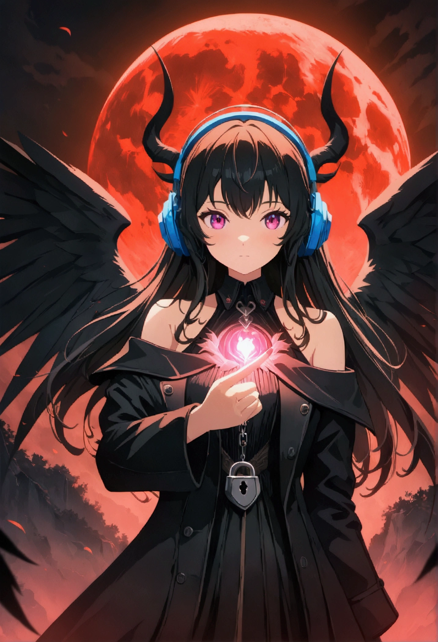 4k anime wallpaper, 4k anime wallpaper, Anime Art Wallpapers 8K, 4K Anime Style, anime art wallpaper 4k, anime art wallpaper 4k, 4k anime wallpaper, Eugeo Art, Detailed digital anime art, ((masterpiece, Highest quality)), (Complex Light), Perfect hands, Normal finger, Hyper Detail, Bright colors.Fantasy cartoon style devil girl, Silver Hair, short, Headphones, Half wearing a black long coat, Off the shoulder, Black wings, Lock, Red Moon, Paintings from another world.