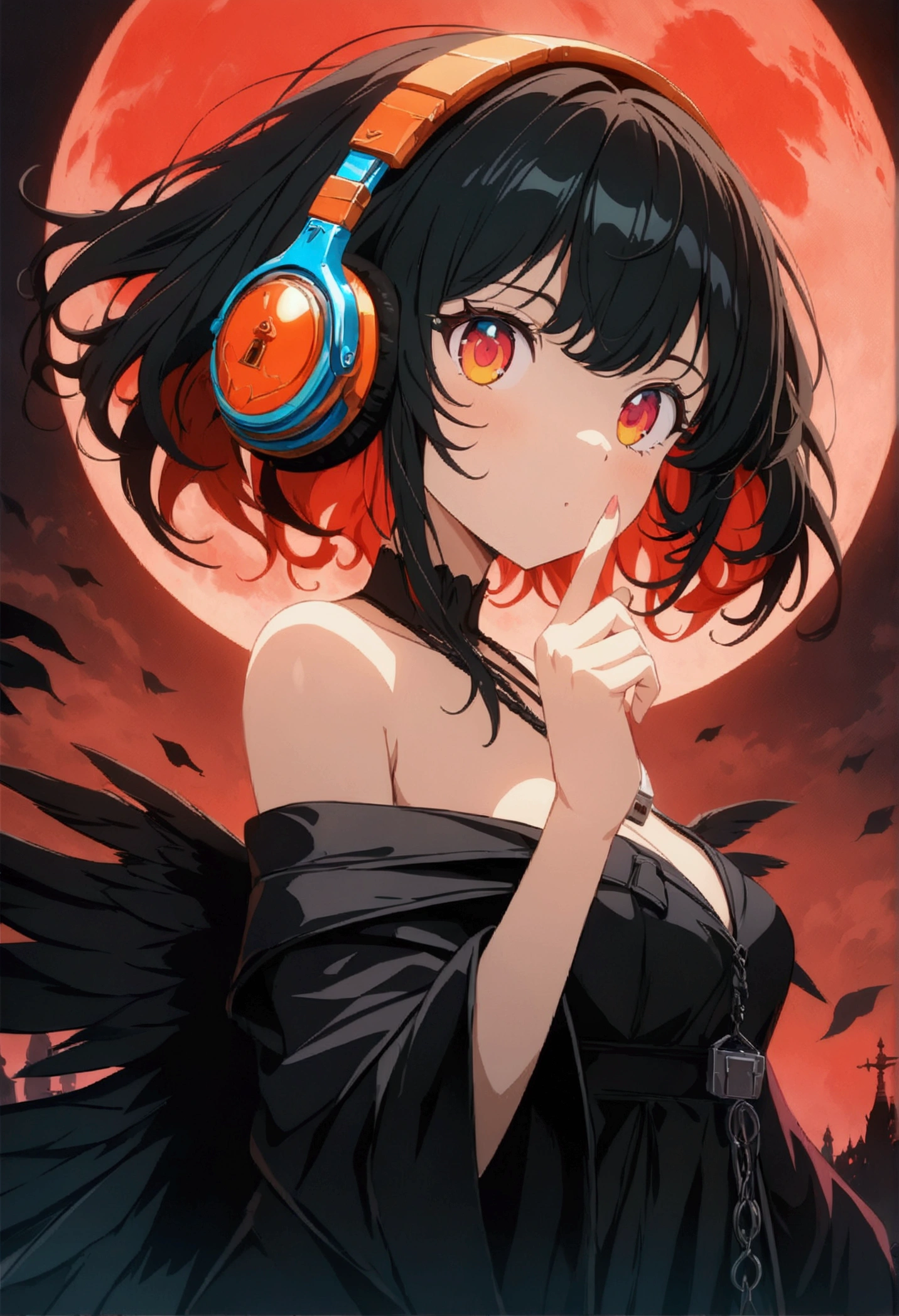 4k anime wallpaper, 4k anime wallpaper, Anime Art Wallpapers 8K, 4K Anime Style, anime art wallpaper 4k, anime art wallpaper 4k, 4k anime wallpaper, Eugeo Art, Detailed digital anime art, ((masterpiece, Highest quality)), (Complex Light), Perfect hands, Normal finger, Hyper Detail, Bright colors.Fantasy cartoon style devil girl, Silver Hair, short, Headphones, Half wearing a black long coat, Off the shoulder, Black wings, Lock, Red Moon, Paintings from another world.