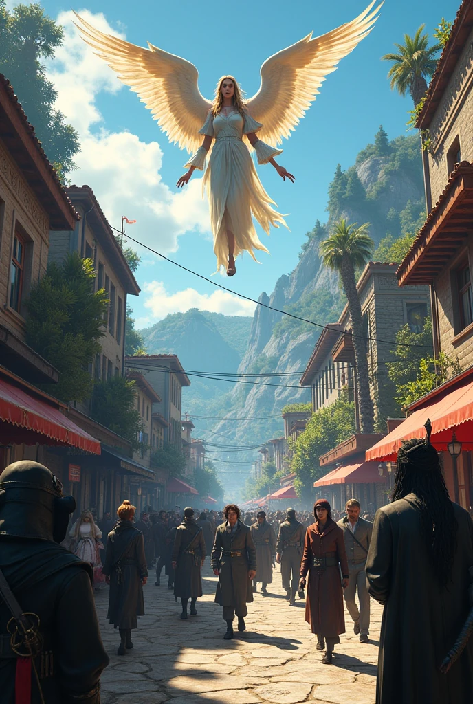 Create a similar image for GTA Roleplay where it contains an Angel, witch, Corsair, Dark Warriors, Devils, Drugs, Uniforms, Kitsunes, Werewolves, nymphs, mermaids, Tieflings, Tenaphes, vampires, Full HD, detailded, em Paleto do GTA V, Various supernatural races.