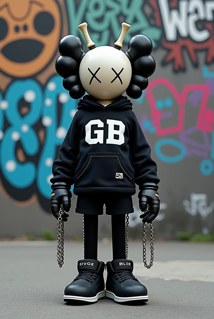 A unique, anthropomorphic figure ,kaws face style and body, two buck bone horns on is head, a streetwear hoodie style, whit GB in Gothic font letters. The figure is adorned with chains and rings, and a pair of nike sneakers. It stands in front of a graffiti-covered wall, with various symbols and words painted.The ground appears to be a concrete skatepark ground
