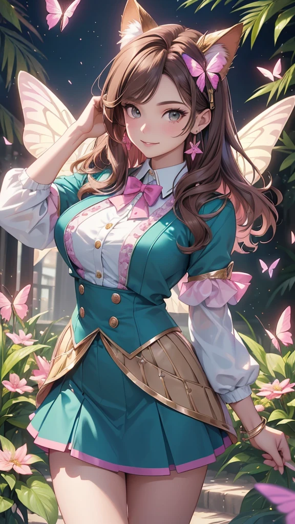 (best quality,4k,8k,highres,masterpiece:1.2),ultra-detailed,(realistic,photorealistic,photo-realistic:1.37),acrylic painting,beautiful Brazilian model in a uniform outfit with downy hair,beautiful Brazilian model with extremely colorful brown hair and detailed facial features,beautiful Brazilian model standing in a beautiful garden sakura flowers, long hair,cat ears, hair bows, glitter sparkling uniform skirt outfits, smile, happy face,light brownhair,butterflies, brown eyes, mature woman, older woman, 30 year old, adult woman. Older lady, posing,Solo, teal and pink butterflies, close up, teal and pink