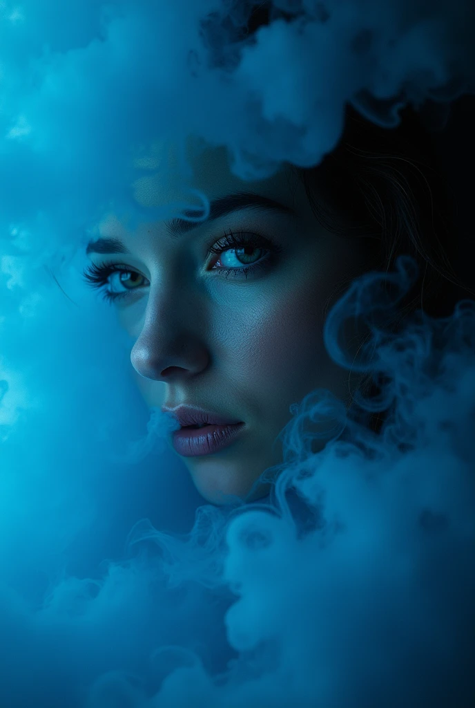 A majestic work of art, a commissioned woman, intricately detailed, with an intense, piercing gaze emanating from her singular, striking eye, set against a backdrop of ethereal, swirling blue smoke that appears to shift and undulate as if alive, illuminated by a cinematic lighting scheme that casts dramatic, high-contrast shadows and highlights, evoking a sense of mystery and the otherworldly, with each element expertly rendered in exquisite, high-definition detail, exuding a sense of artistic mastery and visual sophistication.
