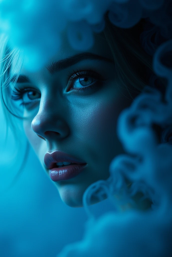 A majestic work of art, a commissioned woman, intricately detailed, with an intense, piercing gaze emanating from her singular, striking eye, set against a backdrop of ethereal, swirling blue smoke that appears to shift and undulate as if alive, illuminated by a cinematic lighting scheme that casts dramatic, high-contrast shadows and highlights, evoking a sense of mystery and the otherworldly, with each element expertly rendered in exquisite, high-definition detail, exuding a sense of artistic mastery and visual sophistication.