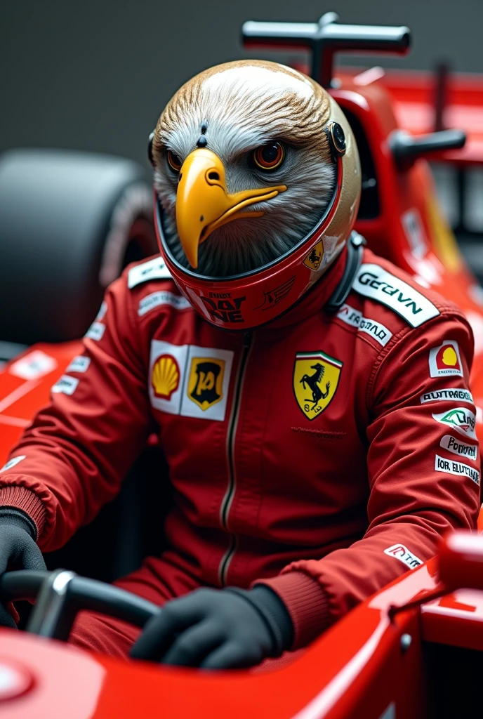 Eagle with Ferrari suit and helmet inside a Formula 1 car
