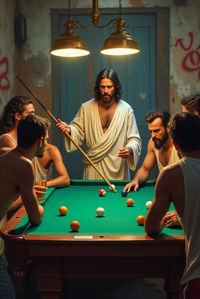 An image of Jesus playing pool in a bar in the favela and with him men drinking beer and playing but Jesus is not drinking