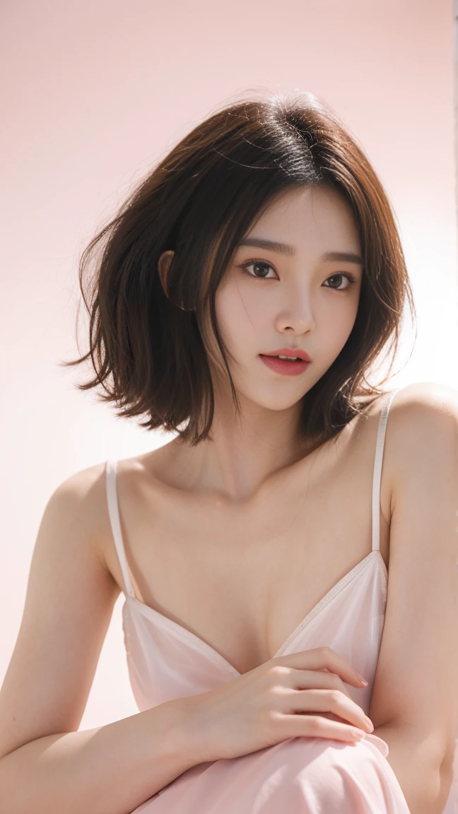 Photographic Fidelity, whole body、Pastel pink transparent hairstyle、like々Beautiful, Pink Background, The light is shining in the center, Hands are placed on cheeks so nails are visible, Sweet and cute, Satin dress、White、the chest is hidden、Korean Girl Group Style, Fair skin , Rich movement, Cute smile, Intricate details, Global Illumination, Transparent light and shadow, Studio Lighting, Depth-of-field blur, OC Renderer, Ultra-high definition style expressive, Cute pink nail designs