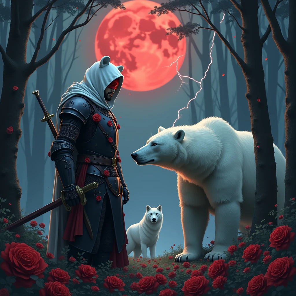 Male knight with a white hood with bear ears with sword behind his back sits towards a polar bear in a forest while the moon shines, many Roses cover the ground and lightning falls from the sky. The polar bear has black eyes and a calm appearance. Only the man wears a red blindfold. In the background of the picture is the blood moon. The forest is full of trees with leaves. The armor of the man is black with red roses on it. The knight smells on a rose. In.the far there is a white wolf looking at the bear and knight.