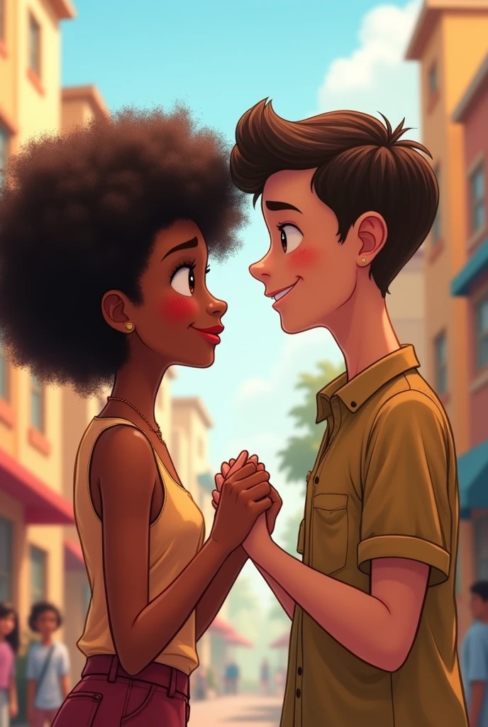 Cartoon,anime, brown skin, afro black hair, brown, 14 yr old girl,looking at american boy, smooth hair, handsome, 15 yr old, holding hands,