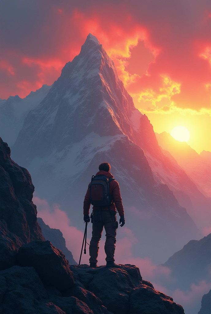 A person standing at the base of a mountain, gazing up with determination, holding tools or climbing gear, symbolizing hard work and effort. The mountain represents dreams, and the sunrise in the background symbolizes hope.