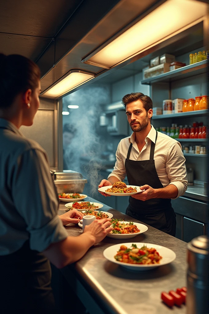 First person vision of serving a person food inside the food truck realistic digital art