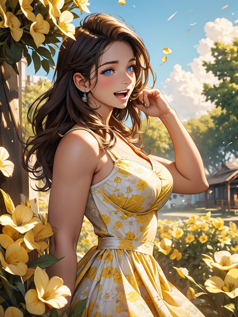 In a flower garden there is big tits girl, big boobs:1.4, big breasts:1.5, wearing yellow floral print sexy frock with deep neck cut, curly hail floating in the air, sunshine ober her head, uhd, 30 yrs old girl, mature, sexy, mature female, European girl,1girl, Solo, Open Mouth, Blue eyes, Brown Hair, Hair Between Eyes, Cowboy Shot, Teeth, From Side, Depth Of Field,