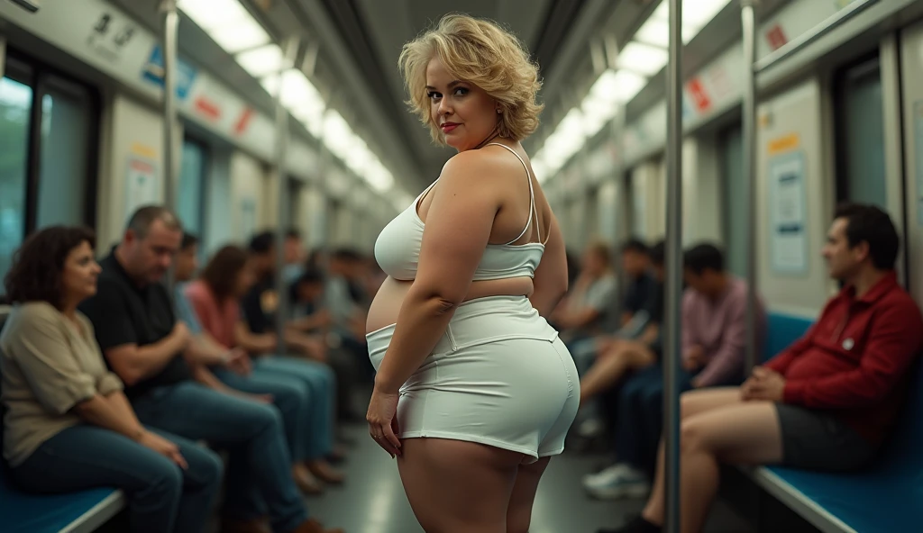 60 year old milf, Mature, voluptuous woman. dressed in a short tennis style skirt. highlighting her butt, large breasts, low-cut blouse, thighs on show, she is on a subway, full body image, beautiful body photo highlighting her butt, hourglass body, thin waist, wide hips, false chubby, the woman is with her back slightly turned to the side looking at the camera, attractive woman in her 60s, short skirt, curvy, hot, voluminous body, cleavage, large breasts, approximately 60 years old, woman who appears to be 60 years old, image from behind, looking at the camera, posing, stunning, natural mature woman, size X, detailing her voluminous body curves.