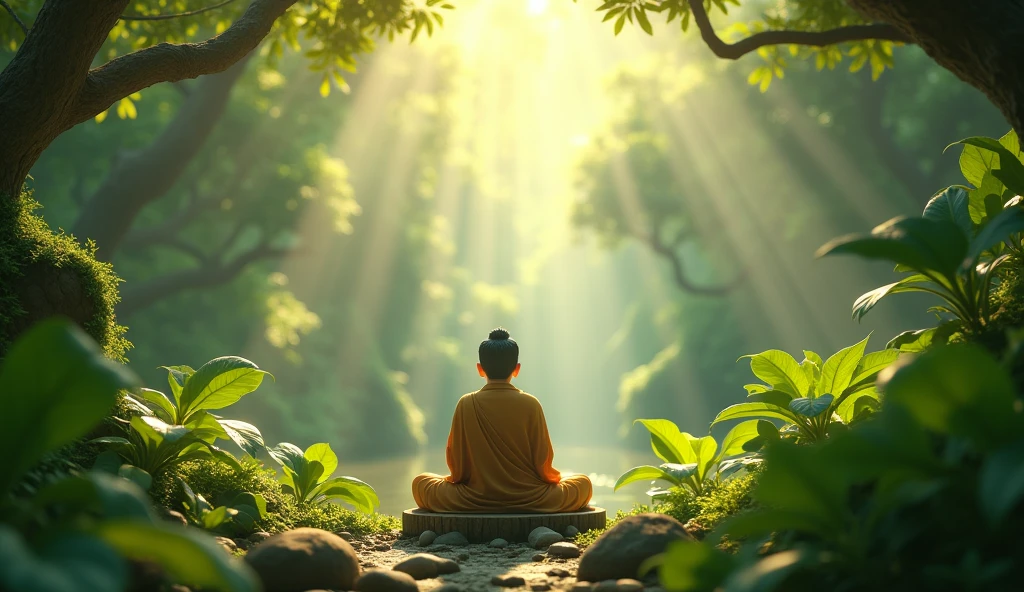 a serene natural a 2 budha setting, sunlight filtering through leaves, individual in contemplative pose, 1 person, detailed face, lush foliage, natural lighting, cinematic shot, photorealistic, intricate details, atmospheric, breathtaking landscape, vibrant colors, (best quality,4k,8k,highres,masterpiece:1.2),ultra-detailed,(realistic,photorealistic,photo-realistic:1.37),HDR,UHD,studio lighting,ultra-fine painting,sharp focus,physically-based rendering,extreme detail description,professional,vivid colors,bokeh,landscape,