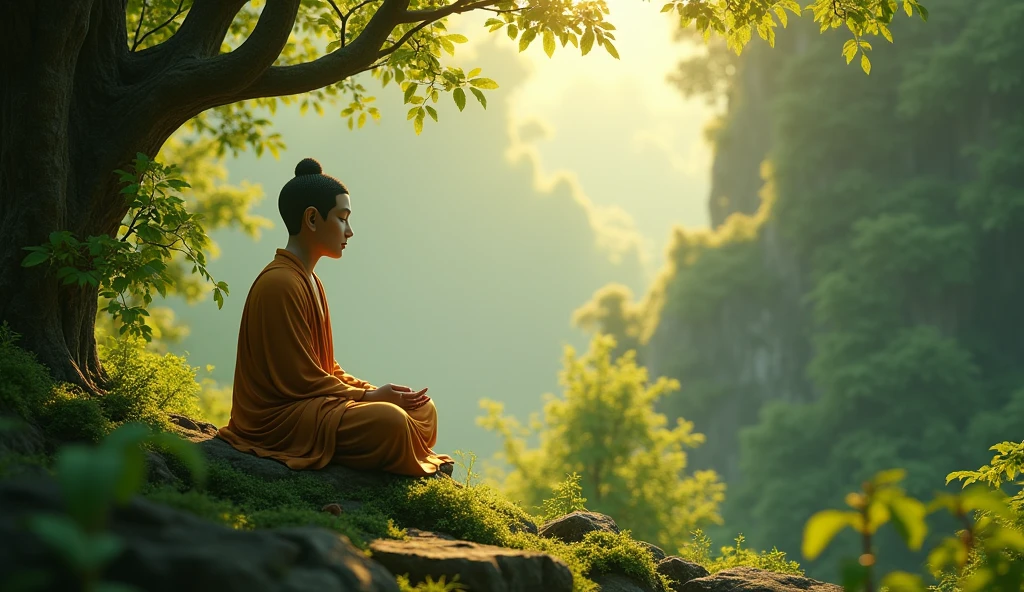 a serene natural a 2 budha setting, sunlight filtering through leaves, individual in contemplative pose, 1 person, detailed face, lush foliage, natural lighting, cinematic shot, photorealistic, intricate details, atmospheric, breathtaking landscape, vibrant colors, (best quality,4k,8k,highres,masterpiece:1.2),ultra-detailed,(realistic,photorealistic,photo-realistic:1.37),HDR,UHD,studio lighting,ultra-fine painting,sharp focus,physically-based rendering,extreme detail description,professional,vivid colors,bokeh,landscape,