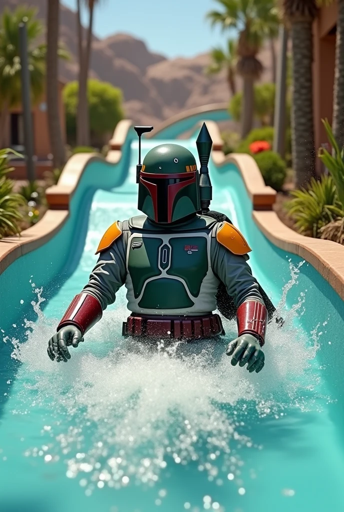 Boba Fett playing on a pool slide、Star Wars、movie、Mandaean、