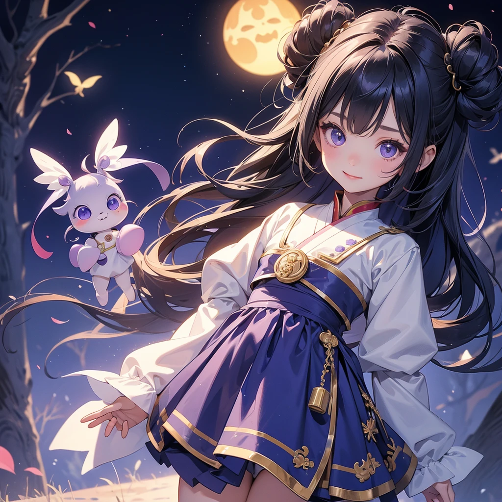 A chibi  girl had a small face and Wearing white little Taoist priest's outfit. A pair of big round eyes shone with curiosity about him. This childso cute, Background is a dark moonless night, with dry trees in the background, and purple glowing light

her hair is black with two buns on her hair.small chibi, chibi baby, smil,Chibi.

