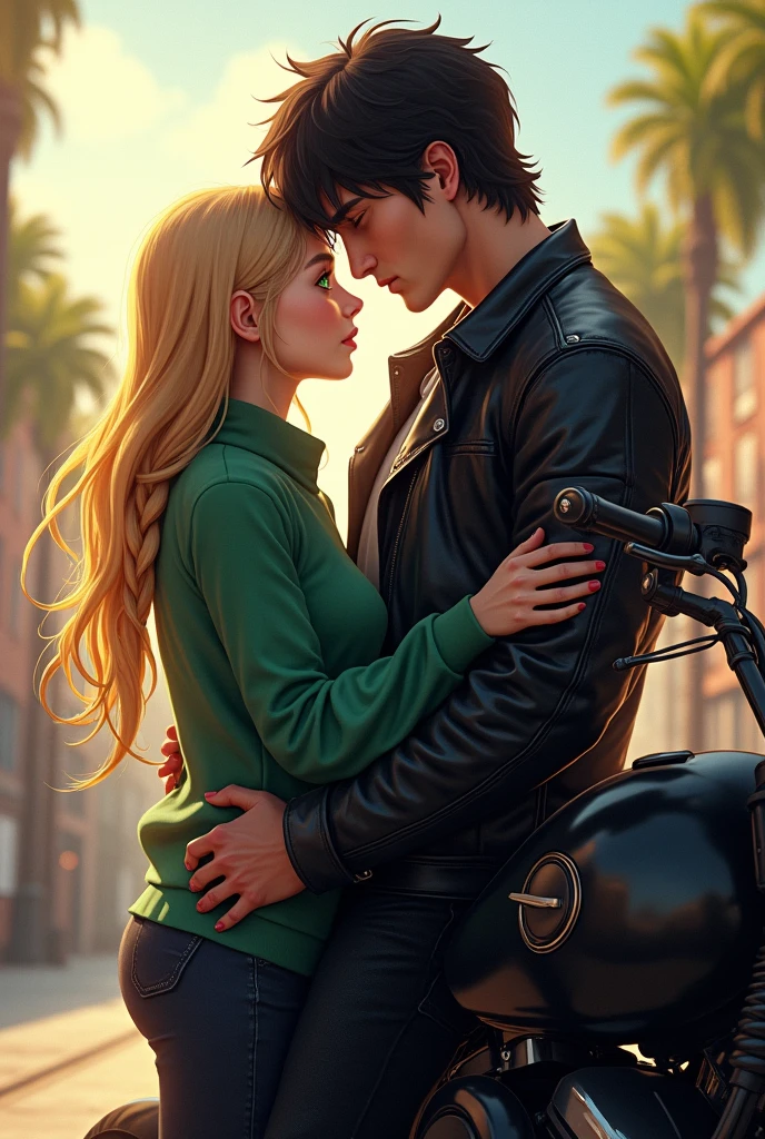 Dragon ball, blond girl side braded long hair, green eyes, green sweater, gray skirt, huging a brown haired tall guy, black leather jacket, black jeans standing near a black motorcycle