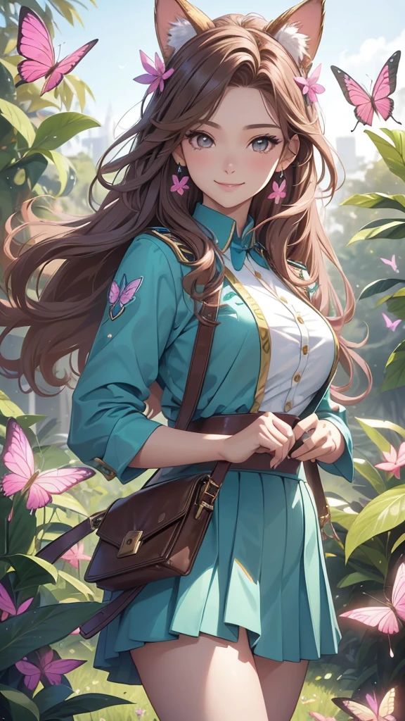 (best quality,4k,8k,highres,masterpiece:1.2),ultra-detailed,(realistic,photorealistic,photo-realistic:1.37),acrylic painting,beautiful Brazilian model in a uniform outfit with downy hair,beautiful Brazilian model with extremely colorful brown hair and detailed facial features,beautiful Brazilian model standing in a beautiful garden sakura flowers, long hair,cat ears, hair bows, bright colors uniform skirt outfits, smile, happy face,light brown hair,butterflies, brown eyes, mature woman, older woman, 30 year old, adult woman. Older lady, posing,Solo, teal and pink butterflies, close up, teal and pink