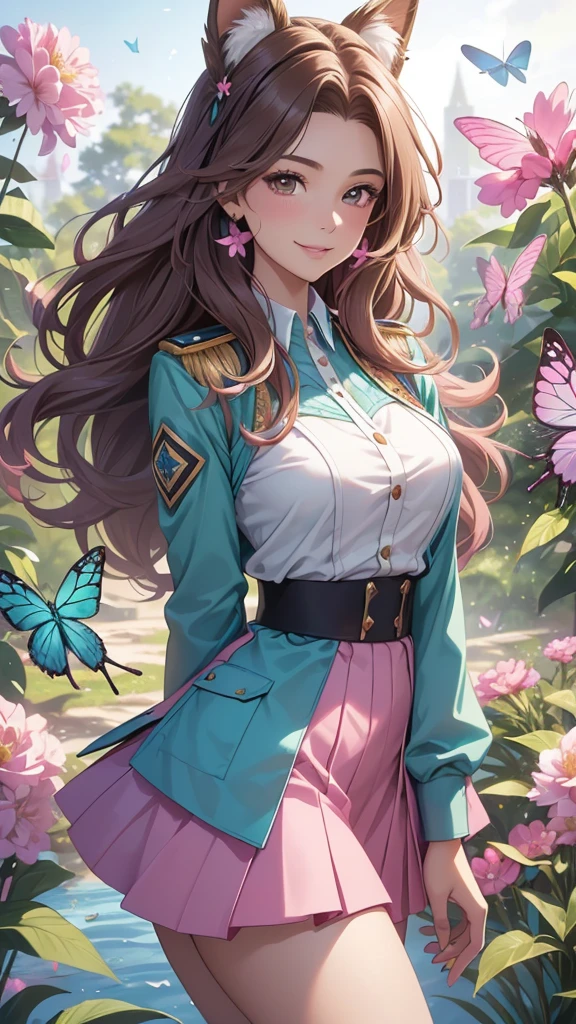 (best quality,4k,8k,highres,masterpiece:1.2),ultra-detailed,(realistic,photorealistic,photo-realistic:1.37),acrylic painting,beautiful Brazilian model in a uniform outfit with downy hair,beautiful Brazilian model with extremely colorful brown hair and detailed facial features,beautiful Brazilian model standing in a beautiful garden sakura flowers, long hair,cat ears, hair bows, bright colors uniform skirt outfits, smile, happy face,light brown hair,butterflies, brown eyes, mature woman, older woman, 30 year old, adult woman. Older lady, posing,Solo, teal and pink butterflies, close up, teal and pink