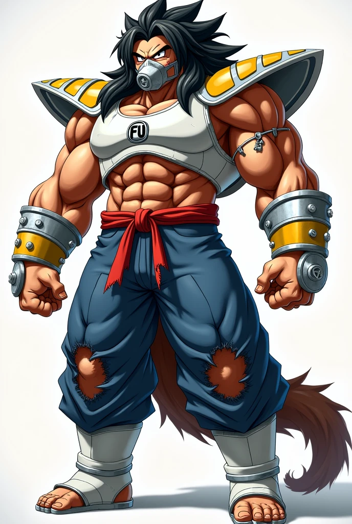 This Saiyan has a gigantic size, both in musculature and height, has no pupils, He has long black hair similar to that of Raditz., with a long lock on his forehead and a brown Saiyan tail.

While imprisoned by Fu he wears a white metallic straitjacket with Fu&#39;s symbol on the torso area., He wears white metal boots with socks of the same color and partially torn blue pants., similar to jeans. He wears a metal muzzle resembling a gas mask., which covers the entire area of your mouth.

When released from the straitjacket, It is revealed that Cumber has red iris eyes with black pupils and has a scar on his cheek.. He wears a tight red shirt with torn sleeves., A red cloth ribbon on his waist and he wears yellow and silver metal shoulder pads and wristbands with three screws on his shoulders and wrists respectively.. Still released, still using a muzzle.

