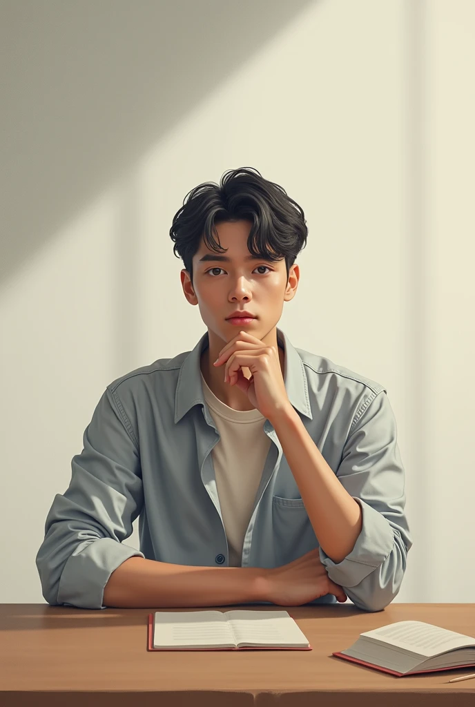 One young man sitting on the table looking camera,