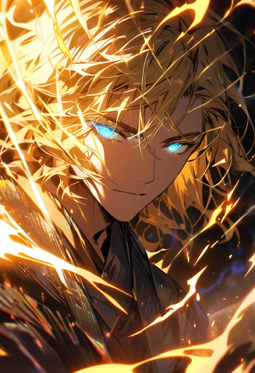 male, solo, handsome, blond hair, god, god eyes, glowing eyes, light, aura, holo, golden, face close