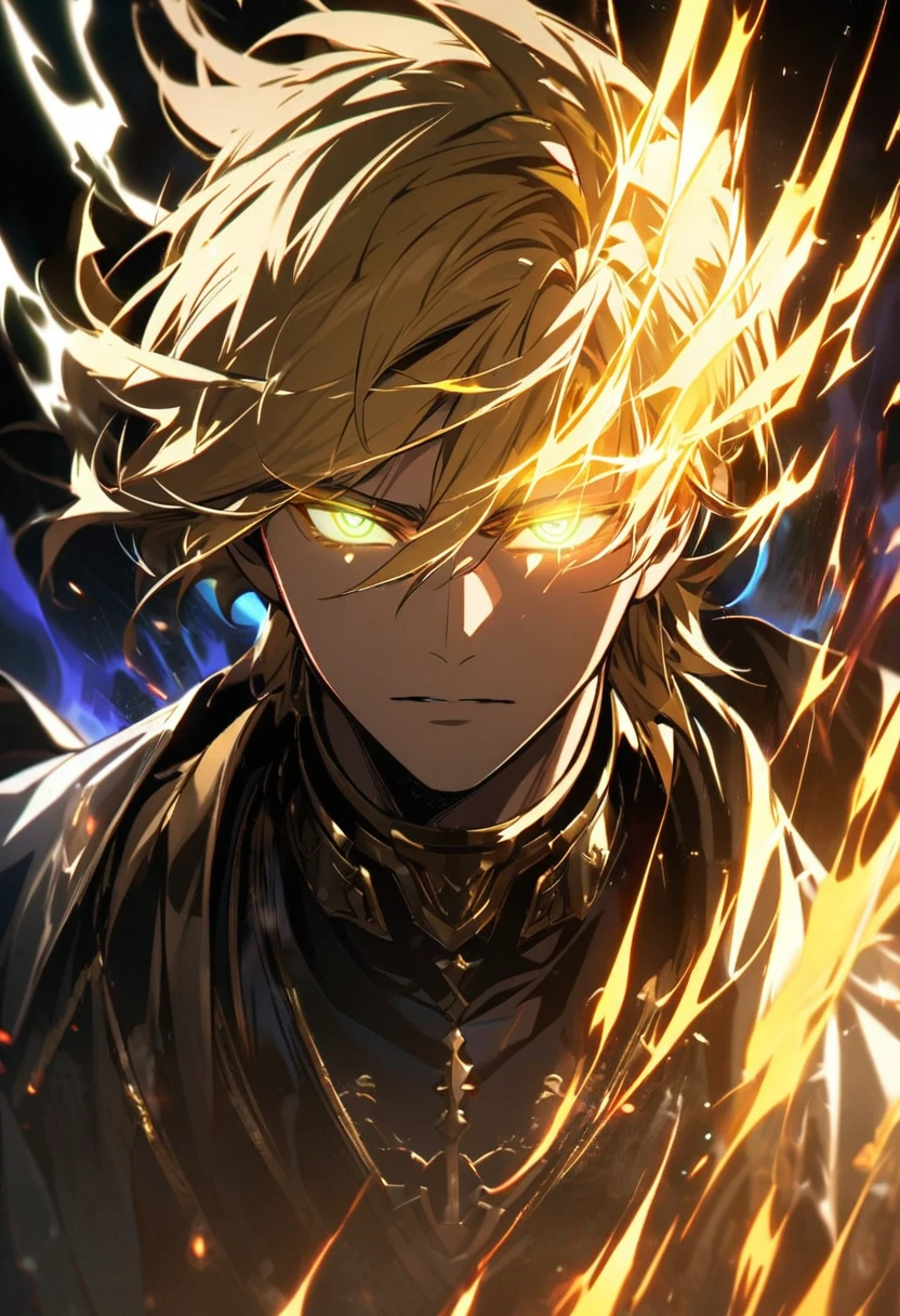 male, solo, handsome, blond hair, god, god eyes, glowing eyes, light, aura, holo, golden, face close