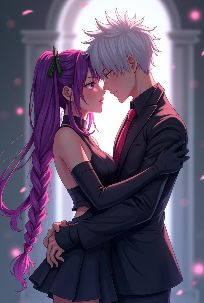 highest quality、Masterpiece、Official Art、Super detailed、super beautiful、Man and woman couple、A couple is smiling happily with their foreheads touching and looking down、Embarrassed、Very important、We need each other、yinji, purple eyes, long hair, twin braids, purple hair, multicolored hair, elbow gloves, bangs, very long hair,bare shoulders, black skirt, grey hair, dress, smile, side cutout,covered navel, side cutout,The man is cyberpunk with milky white and bullish short hair、