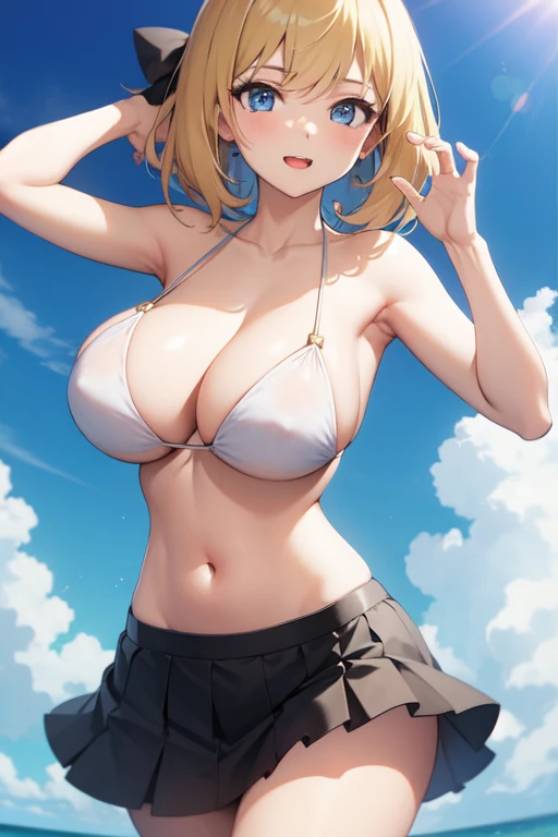 Busty woman in bikini with skirt